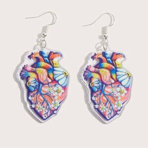 “Anatomical Heart” Bright Rainbow Whimsical Flower Child Hippie Anatomy Earrings